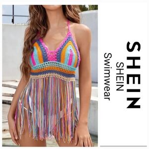 NWT SHEIN Colorful Crochet Fringe Halter Swim Top/ Cover-Up ~size Medium
